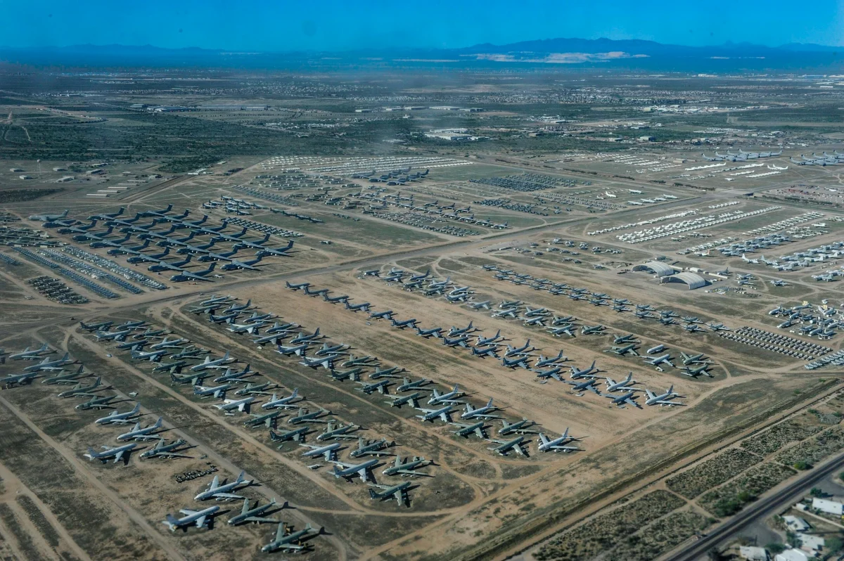 Aerial shot of the 309th Aerospace Maintenance and Regeneration Group (309 AMARG) at Davis-Monthan Air Force Base in Tucson, Ariz